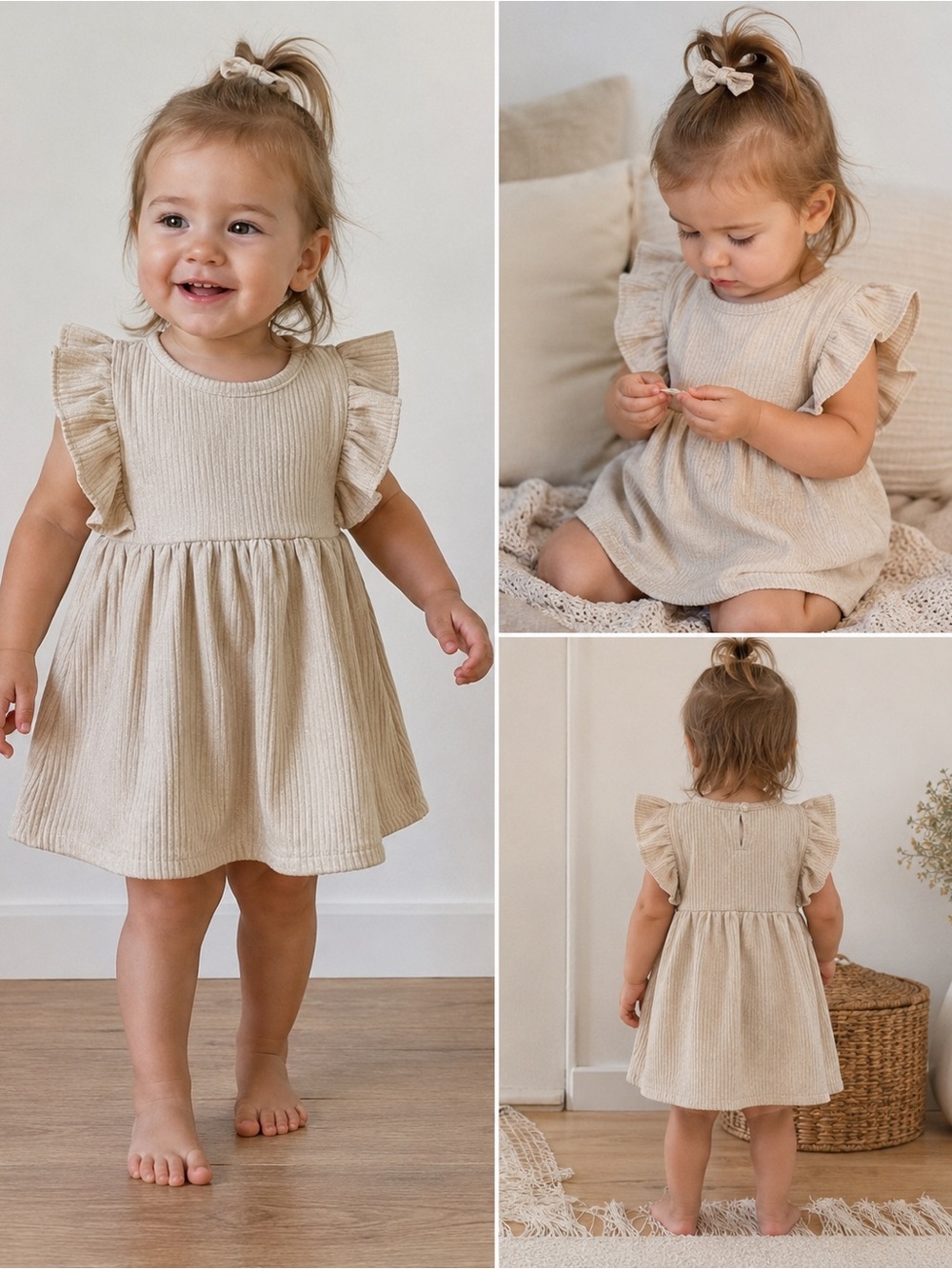 Soft Ribbed Ruffle-Sleeve Kids Dress in Cream